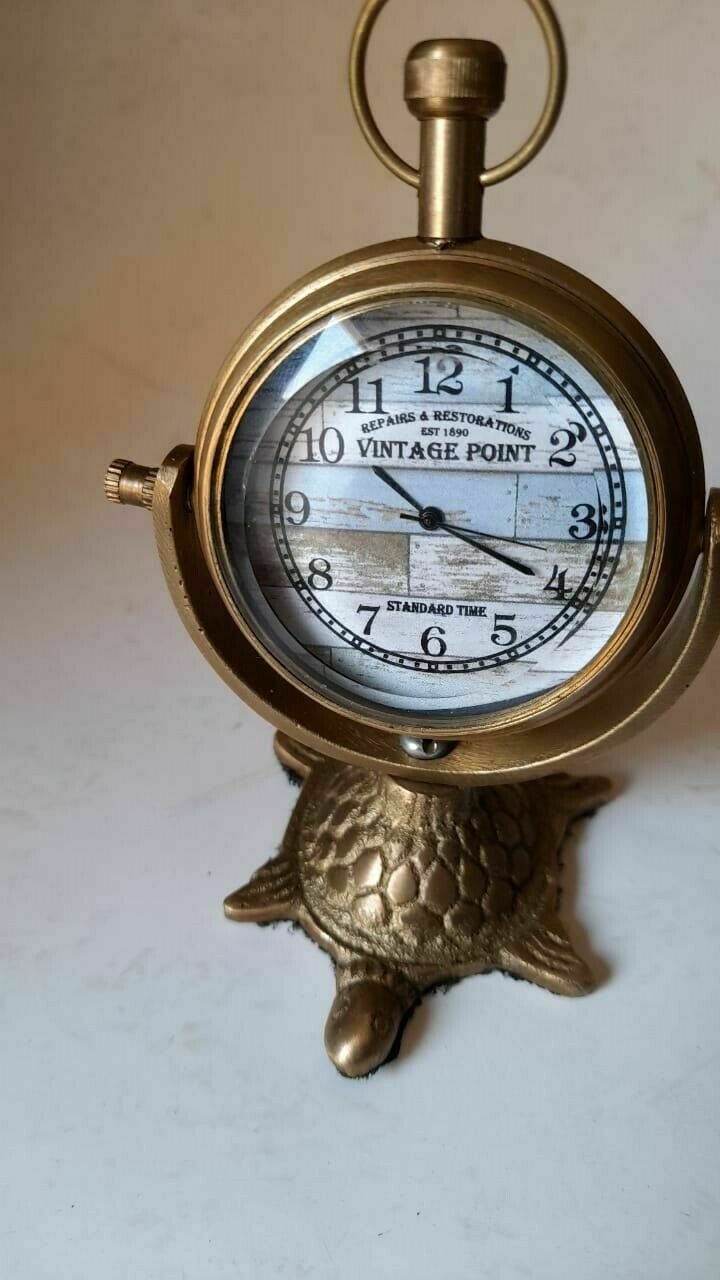 Antique Brass Metal Table Top Clock Globe Desk Clock On Stand Decorative