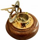 Antique Brass Sundial Compass with sheesham Wood Base Compass (Gold, Brown)