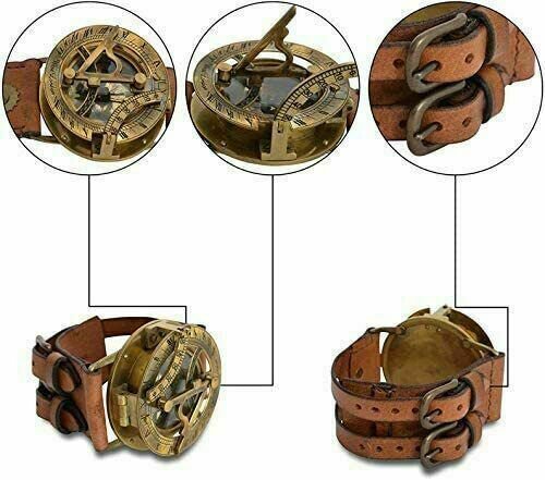 Antique Nautical Steampunk Sundial Compass Wrist Watch W/Leather Bracelet