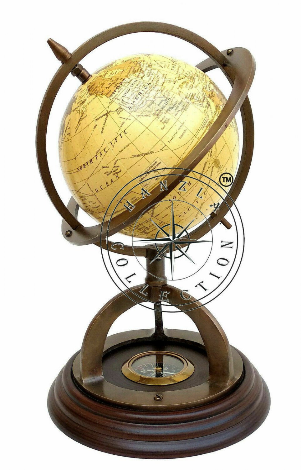 11" Antique Brass World Map Desk Globe With Wooden Compass Base Nautical Decor