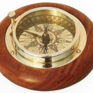 Vintage Brass Compass Collectible Rose Wooden Base Tabletop Stand Compass