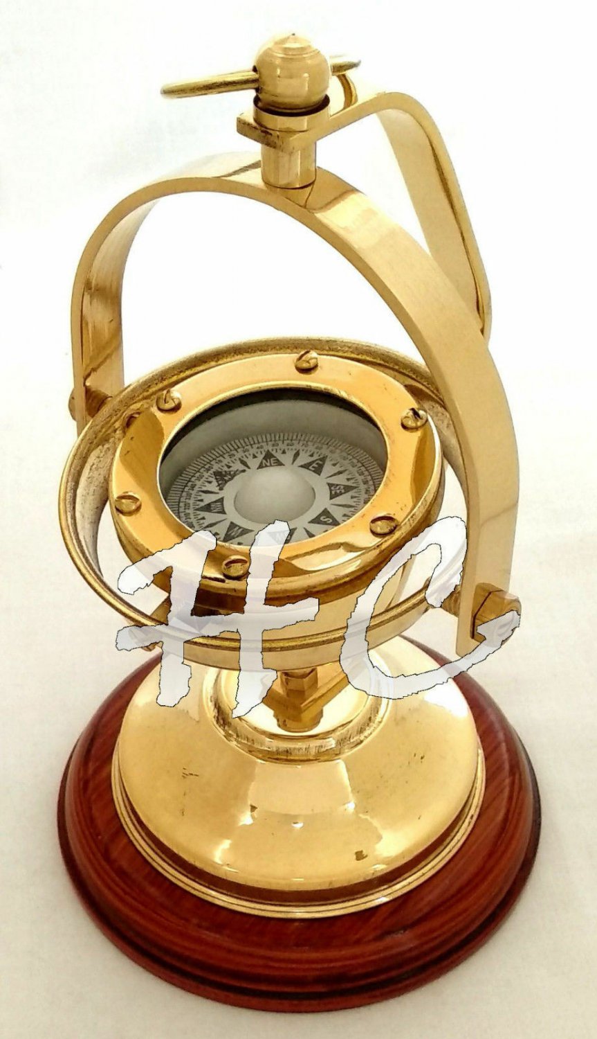 Vintage Gimbled Brass Compass~Nautical Gimble Compass on Wooden Base
