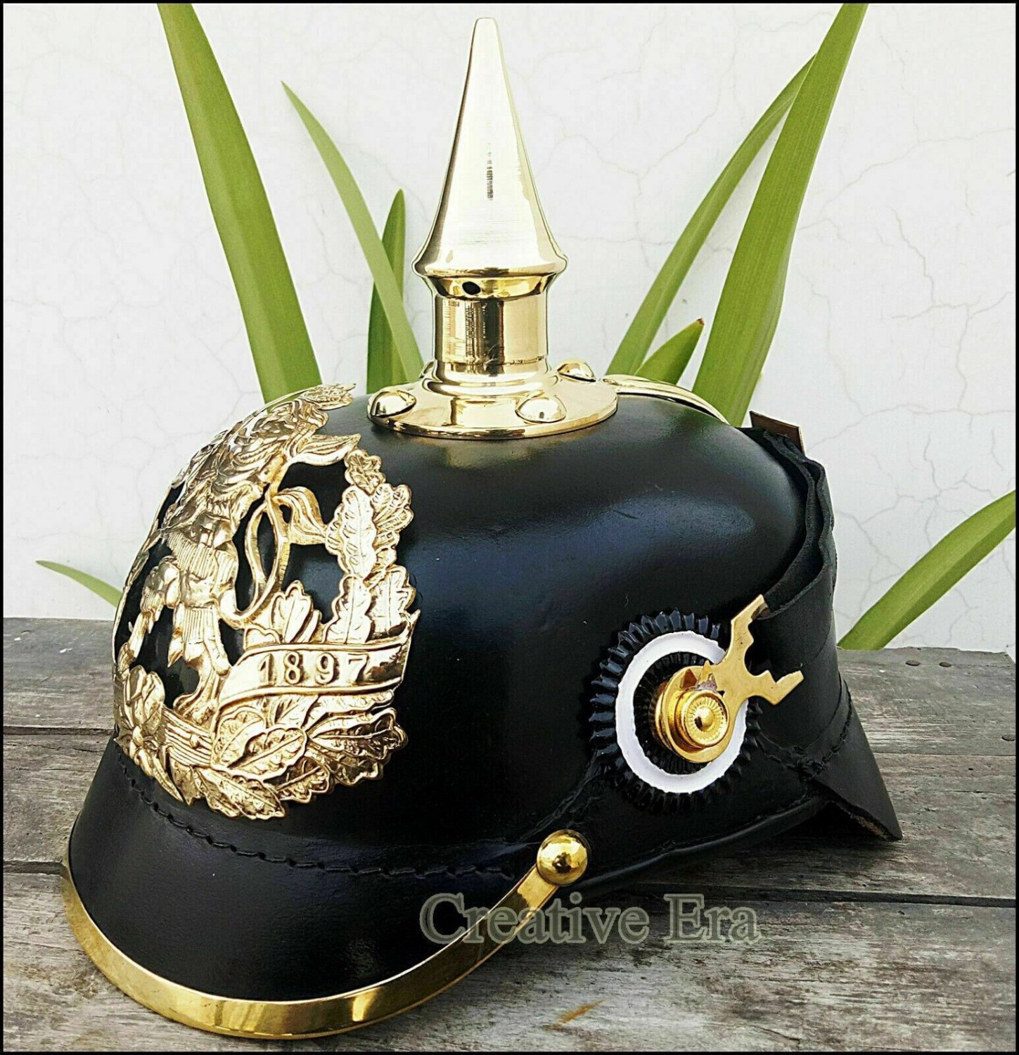 Solid brass Bawarian HELMET IMPERIAL GERMAN PICKELHAUBE OFFICER&acirc;��S Leather Helmet