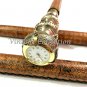 Antique Brass Twist Handle Leather Wooden Walking Stick with Clock on Top Gift