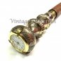 Antique Brass Twist Handle Leather Wooden Walking Stick with Clock on Top Gift
