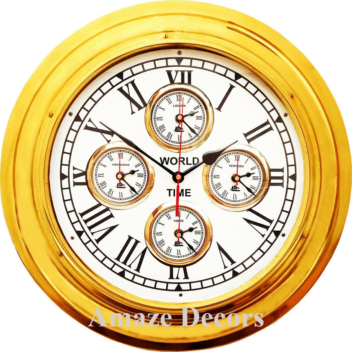 17" Brass World Time Clock Maritime Ship Wall Clock Nautical Home & Office Decor