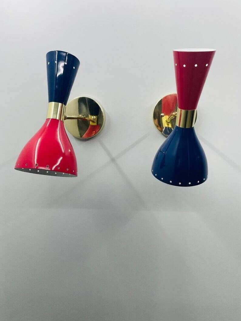1950's Mid Century Brass Italian Diabolo Wall Sconce Light Fixture 2 Bulb Pair