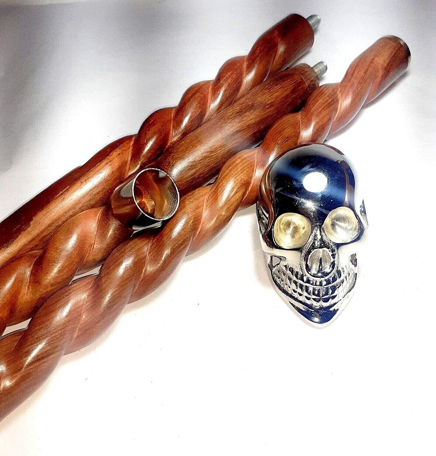 Halloween Style Skull Brass Handle Brown Wooden Walking Cane Men's Stick Design