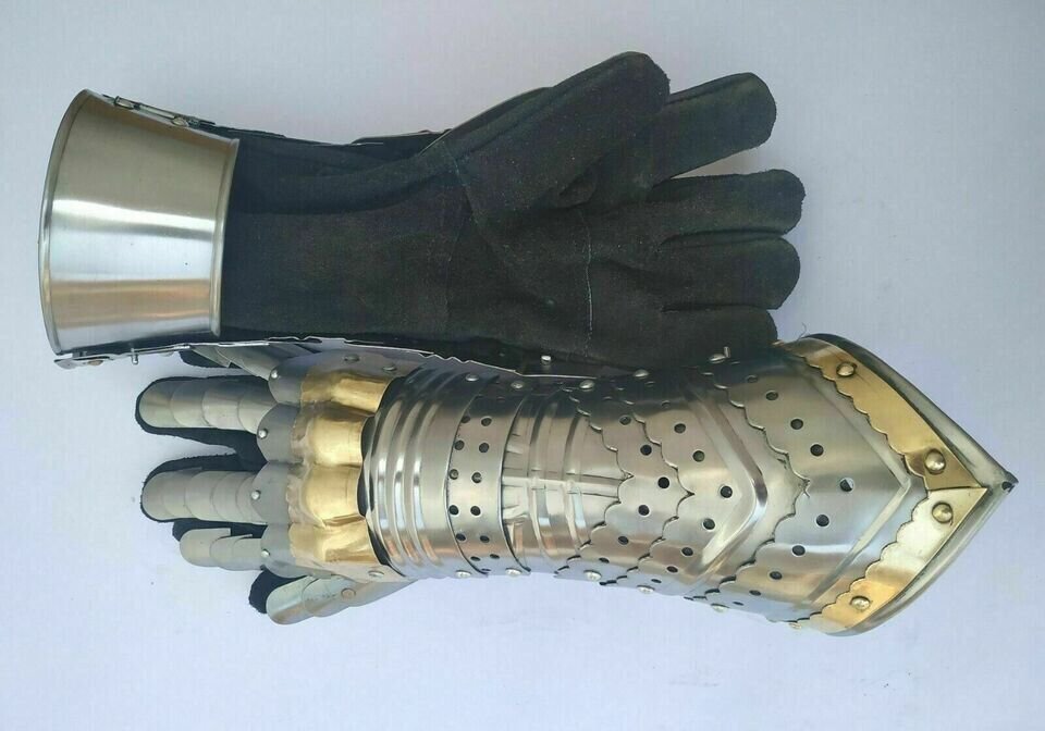 Gauntlet Gloves Armor Pair Handmade Brass Accents Medieval Knight Crusader Steel