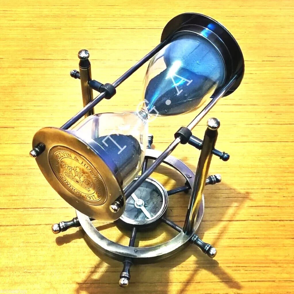 Brass Antique Sand Timer Hourglass With Wheel Compass Base & Hanging D&Atilde;&copy;cor Item