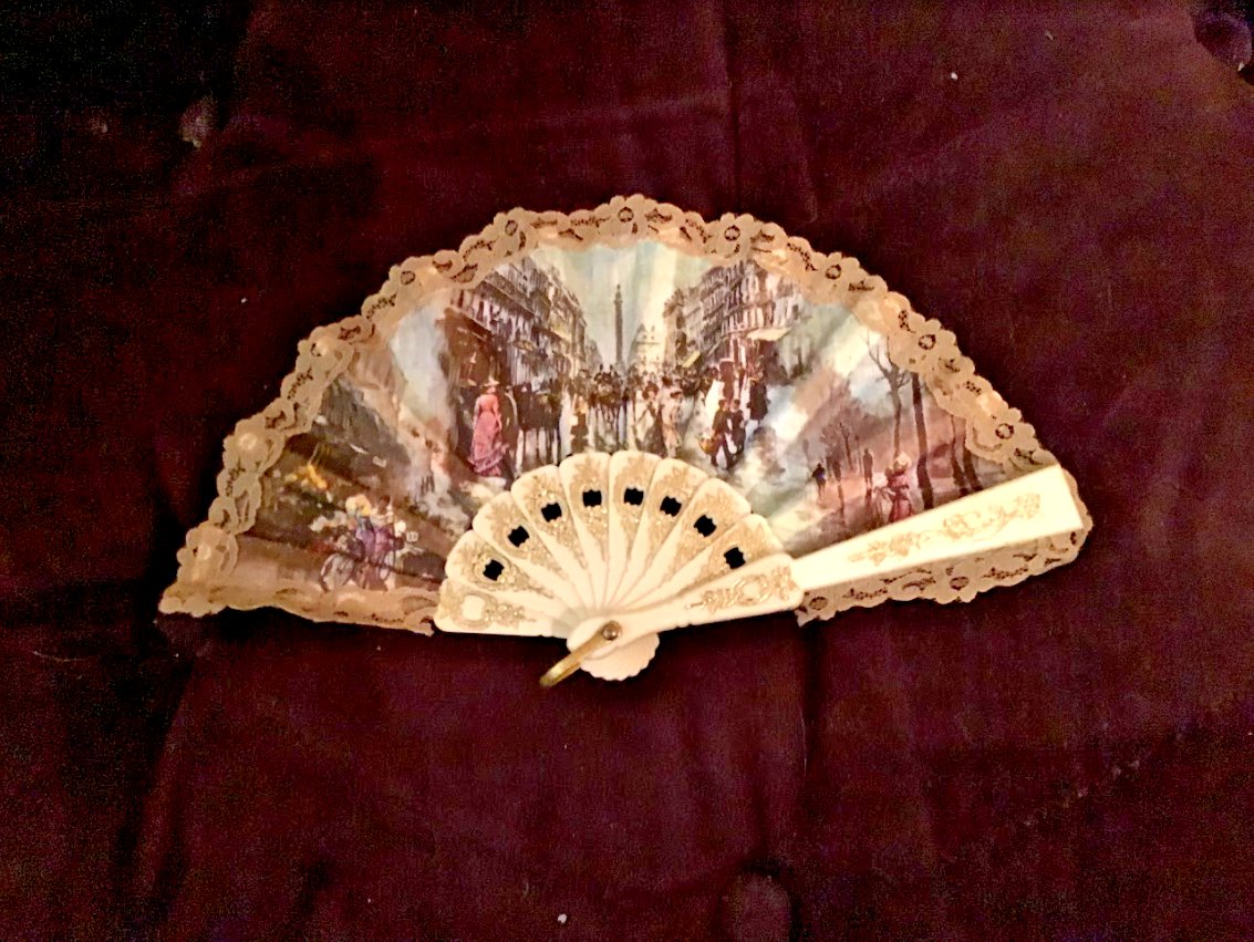 Vintage Folding Fan with Victorian Figural Street Scene
