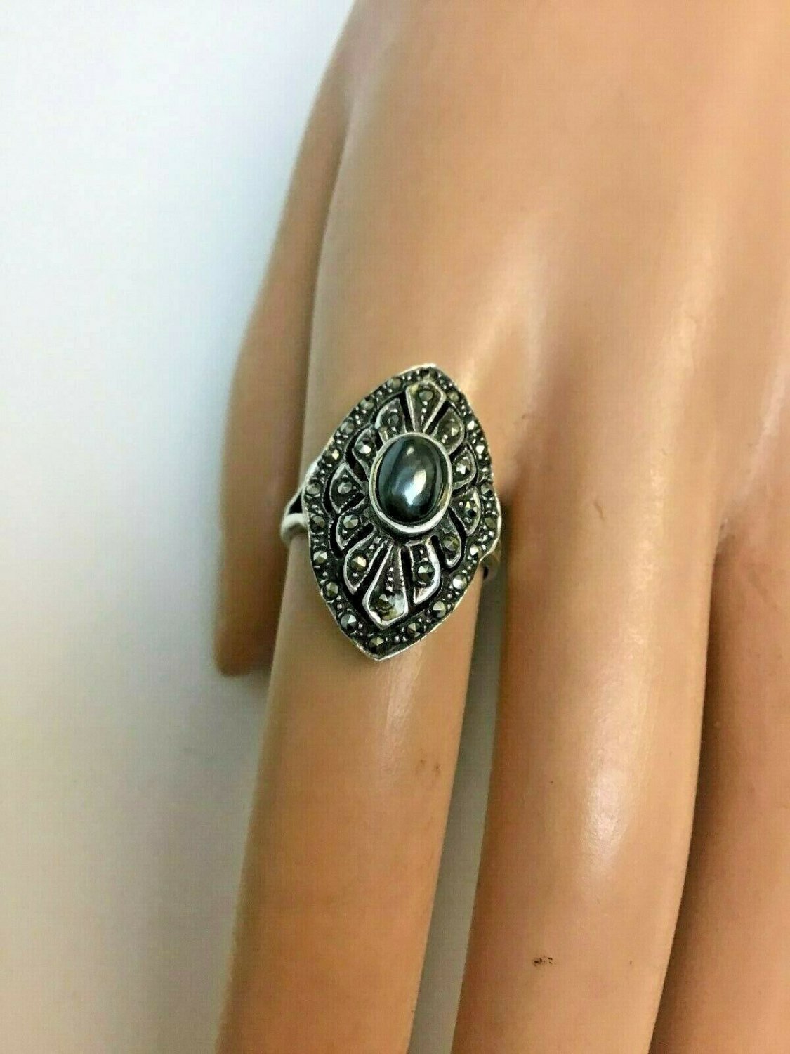 Antique 1920's Sterling Silver Marcasite / Hemetite Ring sz 6