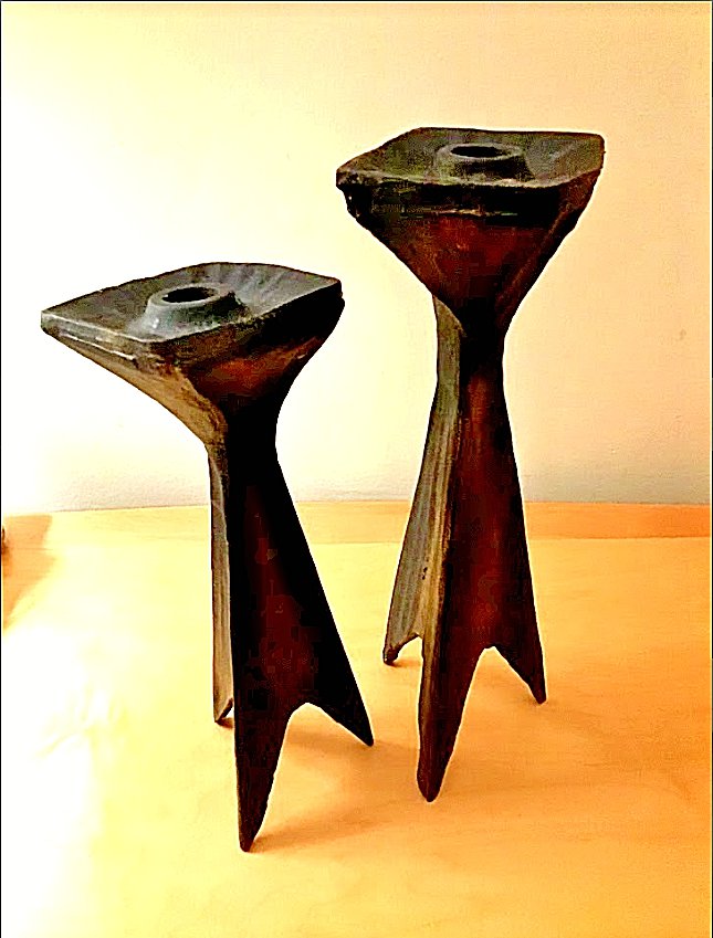 Mid-century Modern Pair Cast Iron Candleholders - 1960's
