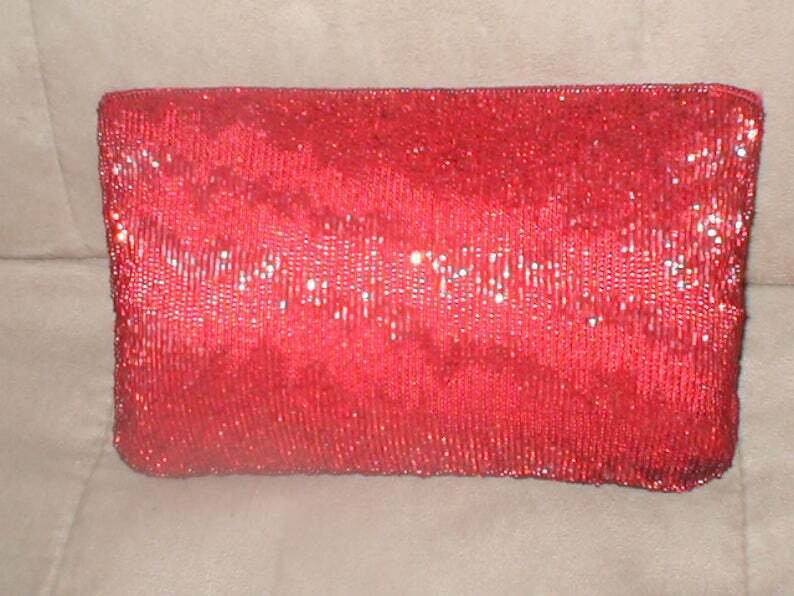 Vintage 1960's Red Beaded Evening Bag Clutch Purse