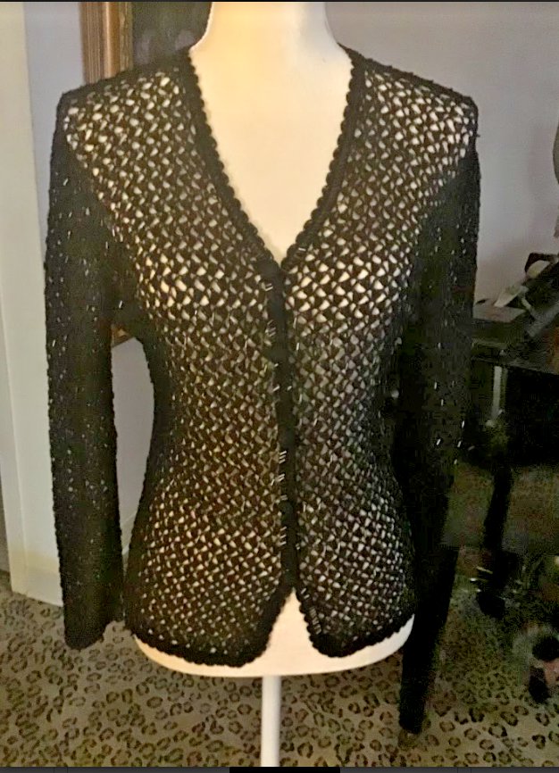 Black Beaded Open Crochet Cardigan size M