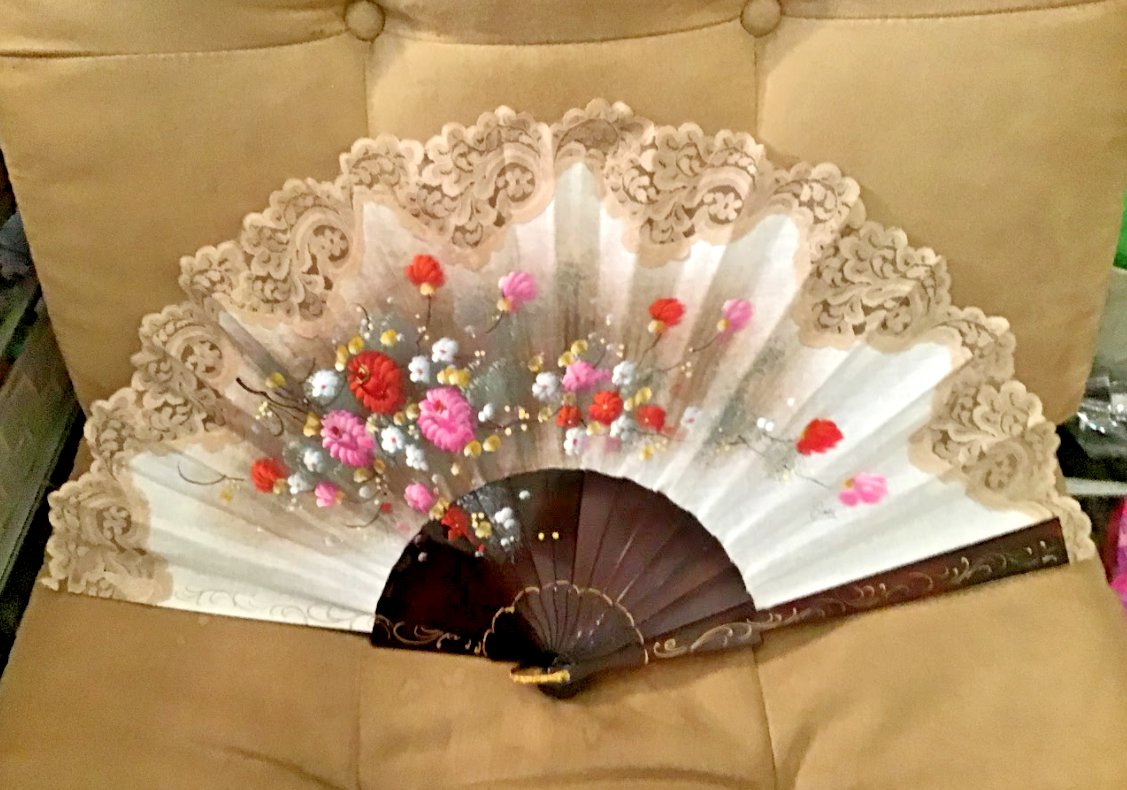 HUGE Vintage signed Hand Painted Linen Fan with Ecru Lace