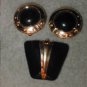 Vintage 1970's Black Enamel Brooch Pin and Earrings Set signed CJD