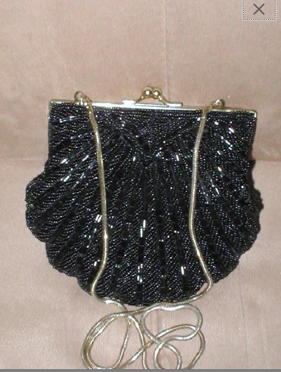 Vintage Black Beaded Clamshell Evening Purse