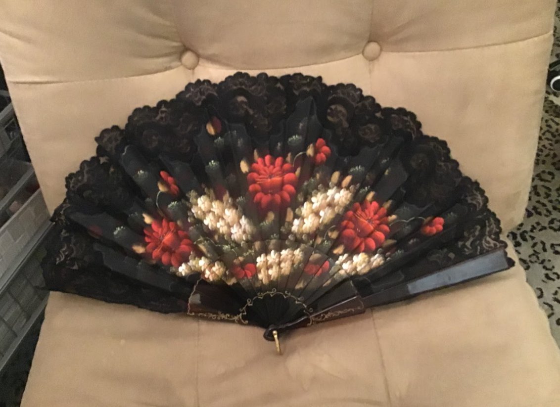 LARGE Vintage 1940's Hand Painted Hand Fan with Black Lace