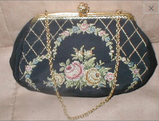 Vintage 1930's Needlepoint on Black Silk Evening Purse