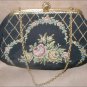 Vintage 1930's Needlepoint on Black Silk Evening Purse