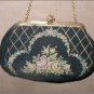Vintage 1930's Needlepoint on Black Silk Evening Purse