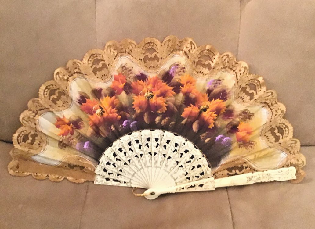 Vintage signed Hand Painted Linen Fan in Autumn Tones