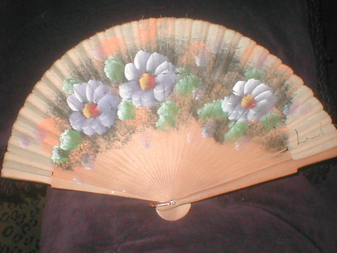 Vintage 1970's signed Hand Painted Wooden Hand Fan