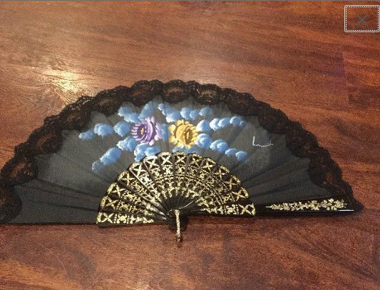Vintage signed hand painted Folding Fan with Black Lace