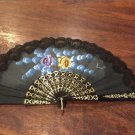 Vintage signed hand painted Folding Fan with Black Lace