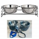 Pets Smart Elevated Steel Dog Bowls W/leash& Collars Lot Med Size Set Of 2 NWT