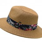 Floral Summer short Brim Panama hat Fedora Flat Brim Beach Sun Printed Trim Band