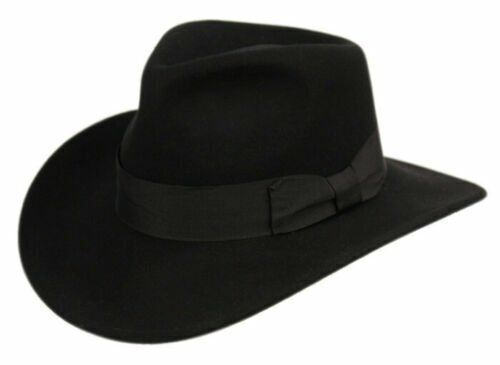 Black S/M Premium Wool Felt Indiana Jones Fedora Hat w/Grosgrain Band Crushable Outback