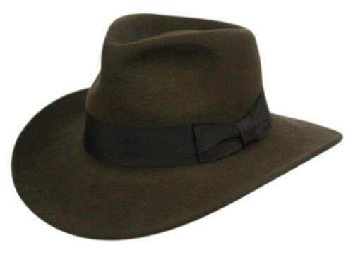 Olive S/M Premium Wool Felt Indiana Jones Fedora Hat w/Grosgrain Band Crushable Outback