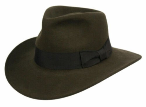 Olive L/XL Premium Wool Felt Indiana Jones Fedora Hat w/Grosgrain Band Crushable Outback