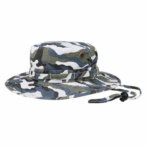Blue Camo Safari Camouflage Washed Hunting Hat W/ Self Fabric Chin Cord Bucket hat Large