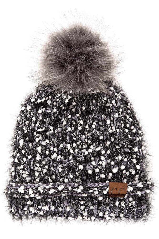 Light Melange Grey Super Soft Big Pom Sherpa Lined Eyelash Confetti Yarn Knitted Pom Beanie