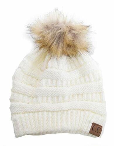 Ivory Stretch Cable Knit Ribbed Super Soft Faux Fur Pom Pom Beanie Hat