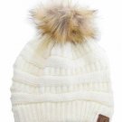 Ivory Stretch Cable Knit Ribbed Super Soft Faux Fur Pom Pom Beanie Hat