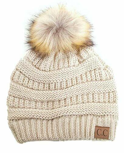 Beige Stretch Cable Knit Ribbed Super Soft Faux Fur Pom Pom Beanie Hat