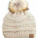 Beige Stretch Cable Knit Ribbed Super Soft Faux Fur Pom Pom Beanie Hat