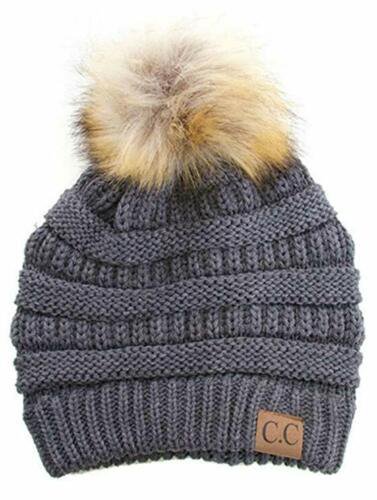 Dark Grey Stretch Cable Knit Ribbed Super Soft Faux Fur Pom Pom Beanie Hat