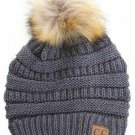 Dark Grey Stretch Cable Knit Ribbed Super Soft Faux Fur Pom Pom Beanie Hat