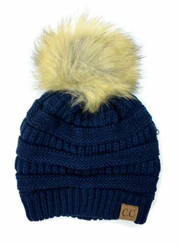 Navy Stretch Cable Knit Ribbed Super Soft Faux Fur Pom Pom Beanie Hat