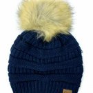 Navy Stretch Cable Knit Ribbed Super Soft Faux Fur Pom Pom Beanie Hat