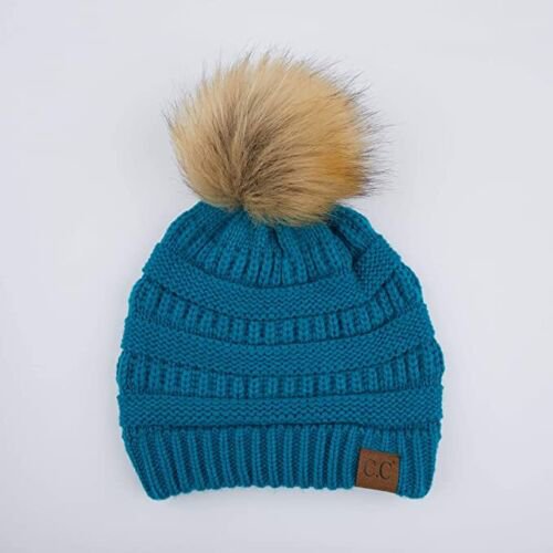 Teal Stretch Cable Knit Ribbed Super Soft Faux Fur Pom Pom Beanie Hat