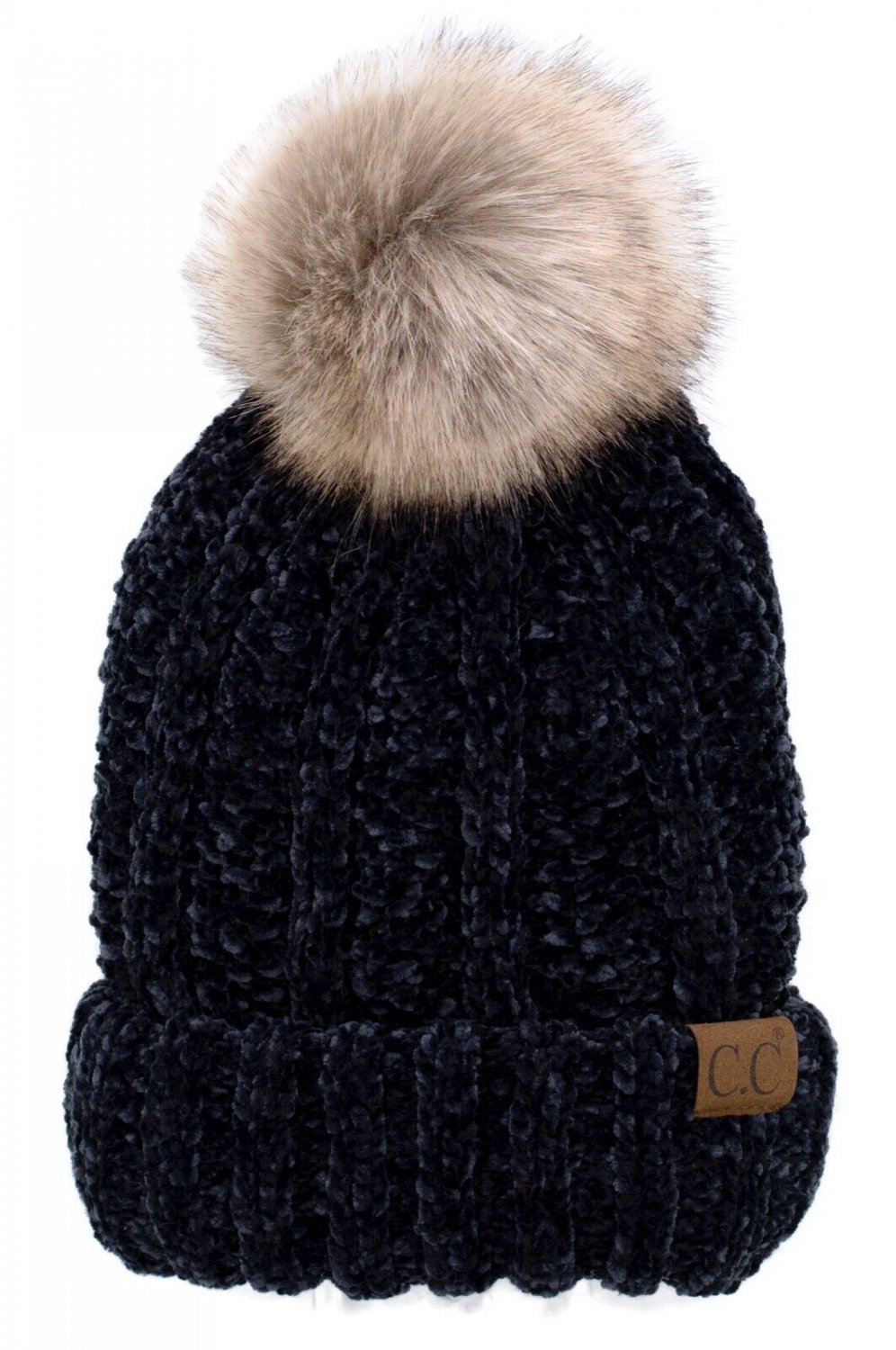 Black Chenille Thick Cable Knit Faux Fuzzy Fur Pom Fleece Lined Skull Cuff Beanie