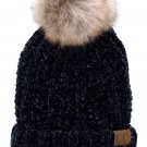Black Chenille Thick Cable Knit Faux Fuzzy Fur Pom Fleece Lined Skull Cuff Beanie