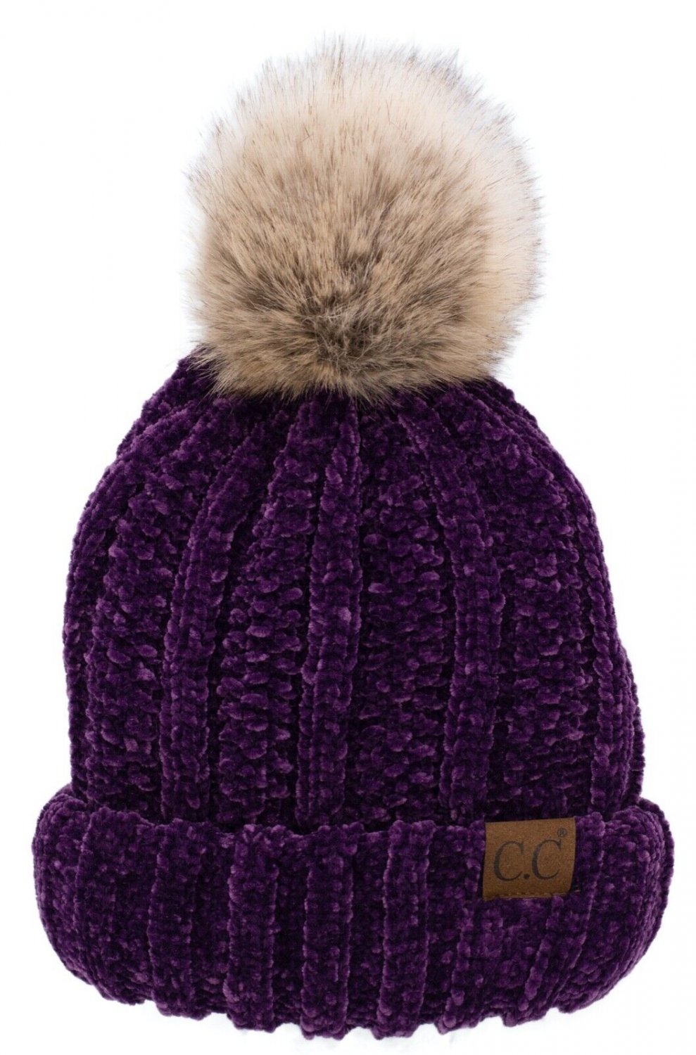 Purple Chenille Thick Cable Knit Faux Fuzzy Fur Pom Fleece Lined Skull Cuff Beanie