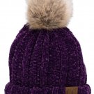 Purple Chenille Thick Cable Knit Faux Fuzzy Fur Pom Fleece Lined Skull Cuff Beanie